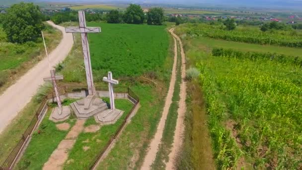 Luchtfoto Van Kruisen Heuvel Landelijk Gebied Met Landbouwvelden — Stockvideo