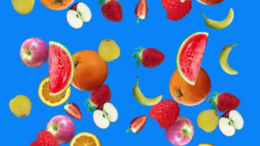 Mavi ekran üzerinde gerçekçi meyve animasyonu düzenlenebilir krom anahtar arkaplan, pürüzsüz döngü