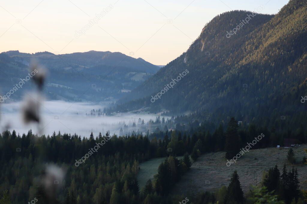 Morning fog in the Carpathians mountains, landscape, Red Lake area, Romania