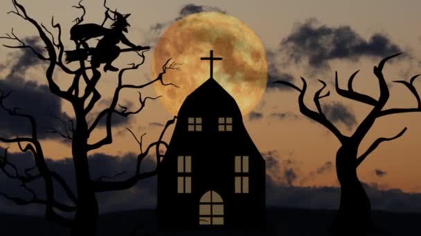 Halloweeen Escena Miedo Fondo Con Cielo Nocturno Luna Mosca Encantadora — Vídeos de Stock