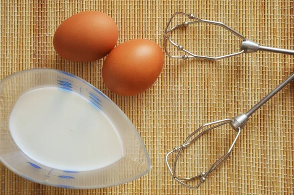 Food Preparation Two Eggs Milk Mixer Wooden Napkin — Stock Photo, Image