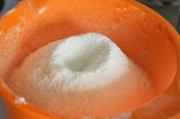 Bowl White Powdery Flour Gray Table — Stock Photo, Image