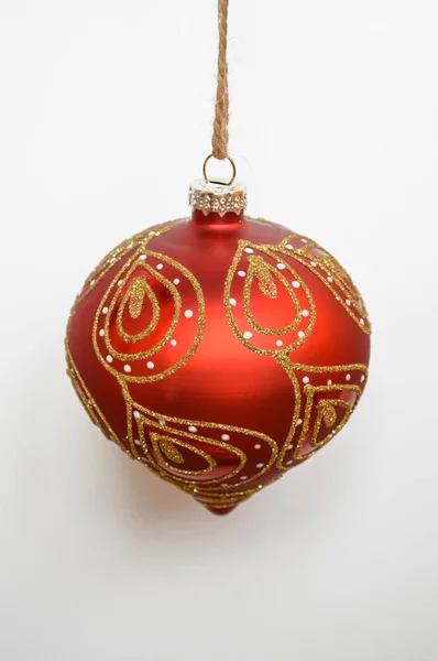 Christmas Tree Red Ball Golden Sequins White Background New Year — Stock Photo, Image