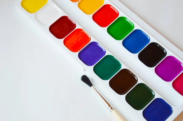 watercolors and a paintbrush. bright colors on a white background. accessories for artists, creativity.