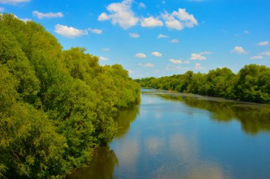 Nehir, mavi gökyüzü, beyaz bulutlar ve yeşil ağaçlar. Yazın doğa.