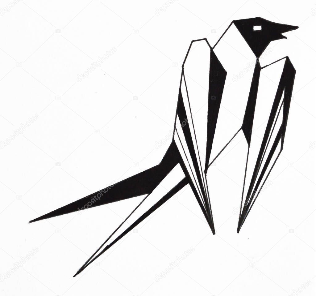 graphic drawing. a variant of the bird tattoo, a swallow drawn with pencil and ink.