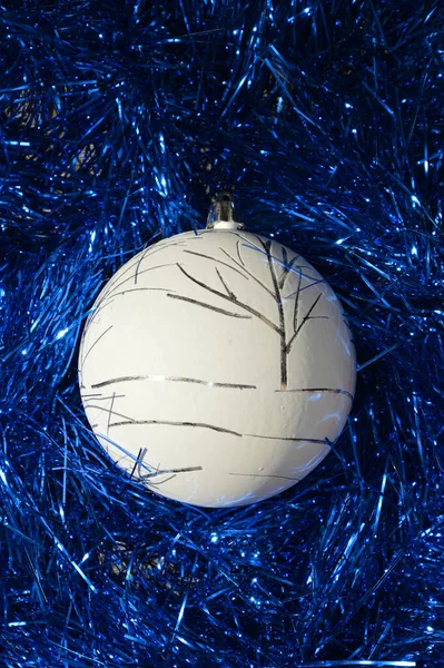 Blue Shiny Tinsel White Christmas Ball Decoration Christmas New Year — Stock Photo, Image