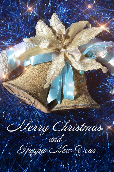 Sinos Férias Ouropel Azul Feliz Natal Ano Novo Preparação Para — Fotografia de Stock