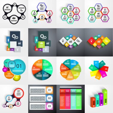 Sunum için Infographic simge vektör tasarım şablonu koleksiyonu. Adımlar, seçenekler, iş süreçleri, iş akışı, diyagram, akış şeması konsepti, pazarlama simgeleri için kullanılabilir. Vektör illüstrasyonu