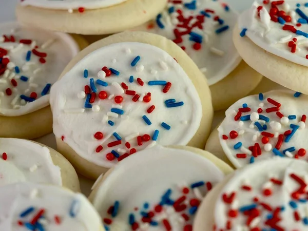 Pile Sugar Cookies White Frosting Red White Blue Sprinkles 4Th Stock Photo