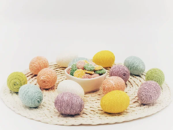 Placemat Topped Easter Eggs Covered Sparkly String White Bowl Pastel — Stock Photo, Image