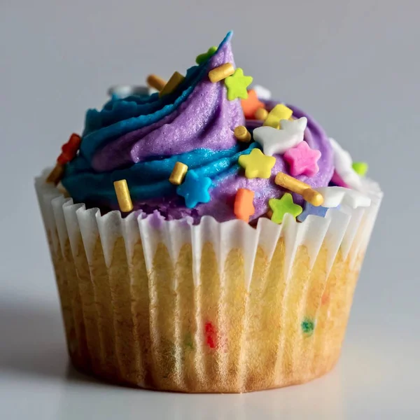 White cupcake with blue and purple frosting with confetti sprinkles, delicious baked good!