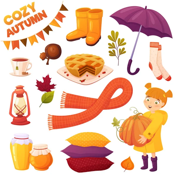 Set Cozy Autumn Elements Cartoon Style Isolated White Background Girl — Stock Vector