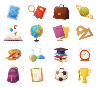 Okul eşyaları seti. Karikatür nesneleri ve malzemeleri şunlardır: kitap, sırt çantası, tablet, büyüteç, top, alarm, cetvel, evrak çantası, şişeler, defter, kapak, notlar listesi, fincan. Vektör eğitim elemanları