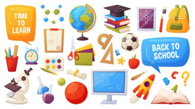 Okul eşyaları seti. Karikatür nesneleri ve malzemeleri şunlardır: kitap, sırt çantası, bilgisayar, küre, top, alarm, cetvel, mikroskop, şişeler, defter, kap, notlar listesi, elma. Vektör eğitim elemanları