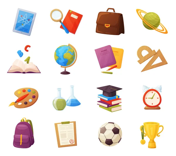 Okul eşyaları seti. Karikatür nesneleri ve malzemeleri şunlardır: kitap, sırt çantası, tablet, büyüteç, top, alarm, cetvel, evrak çantası, şişeler, defter, kapak, notlar listesi, fincan. Vektör eğitim elemanları