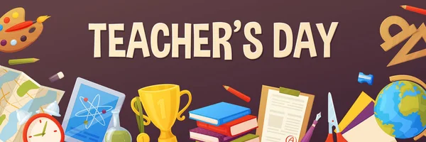 Teacher's day background. Cartoon template for your design. Vector elements include:map, paper, pencil, ruler, paint, tablet, cup.