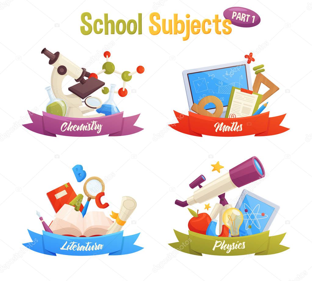 School subjects set include vector cartoon elements: molecule, microscope, flask, computer, book, ruler, telescope, apple, pencil, magnet, light. Maths, chemistry, literature, physics.