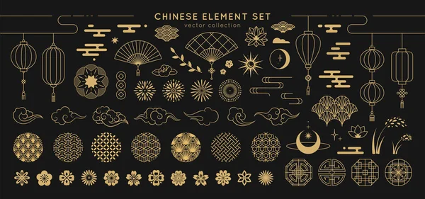 Asian design element set. Vector decorative collection of patterns, lanterns, flowers , clouds, ornaments. — Stock Vector