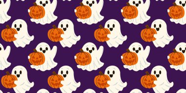 Şirin hayaletleri olan kusursuz bir şablon. Cadılar Bayramı. Mor bir arkaplanda resim.