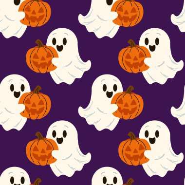 Tatlı hayaletler ve balkabaklarıyla kusursuz desen. Cadılar Bayramı. Mor arkaplanda Vektör İllüstrasyonu