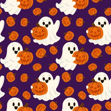 Hayaletler ve balkabaklarıyla kusursuz bir Cadılar Bayramı deseni. Vektör İllüstrasyonu. mor arkaplan.