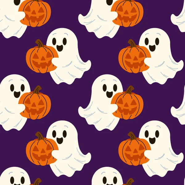 Tatlı hayaletler ve balkabaklarıyla kusursuz desen. Cadılar Bayramı. Mor arkaplanda Vektör İllüstrasyonu