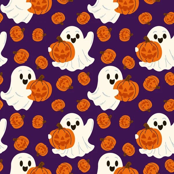 Hayaletler ve balkabaklarıyla kusursuz bir Cadılar Bayramı deseni. Vektör İllüstrasyonu. mor arkaplan.