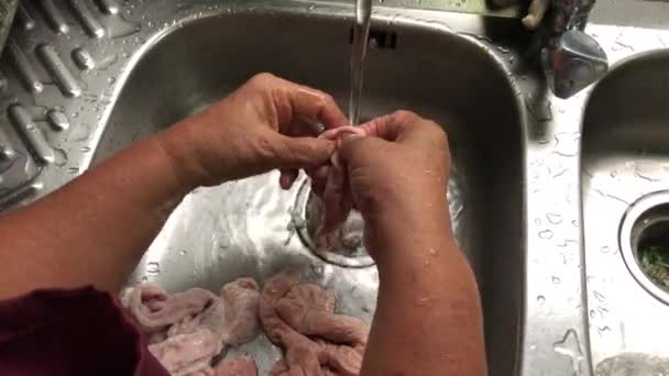 Рука Азіатської Жінки Яка Готує Їжу Сніданок Очищення Свинячого Кишечника — стокове відео