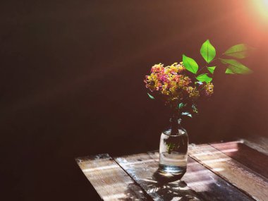 Ahşap masa üzerinde cam şişe lantana camara çiçekler 