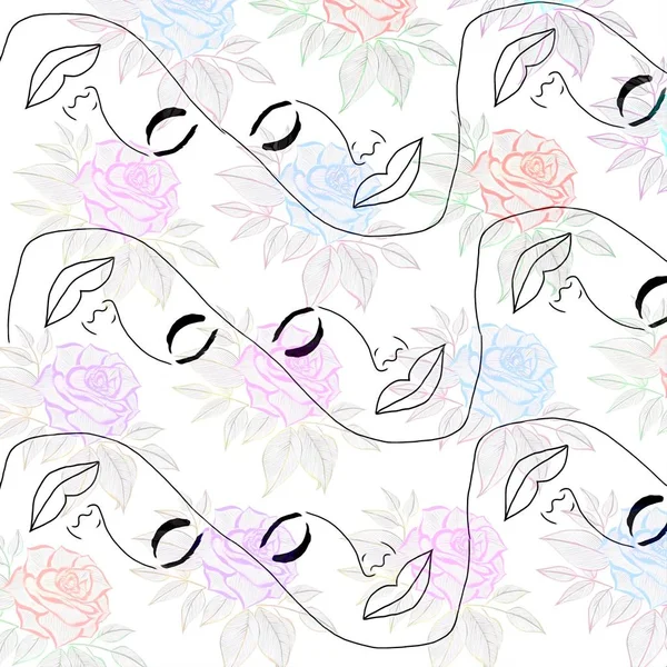 Valentine Concept Drawing Rosto Bonito Mulher Quadro Decorativo Flores Rosas — Fotografia de Stock