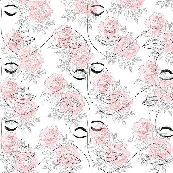 Valentine Concept Drawing Rosto Bonito Mulher Quadro Decorativo Flores Rosas — Fotografia de Stock