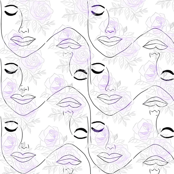 Valentine Concept Drawing Rosto Bonito Mulher Quadro Decorativo Flores Rosas — Fotografia de Stock