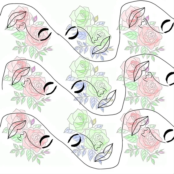 Koncepcja Walentynkowa Rysowanie Pięknej Twarzy Kobiety Ozdobnej Ramie Róż Kwiaty — Zdjęcie stockowe