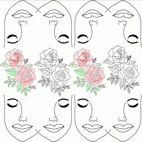 Valentine Concept Drawing Rosto Bonito Mulher Quadro Decorativo Flores Rosas — Fotografia de Stock