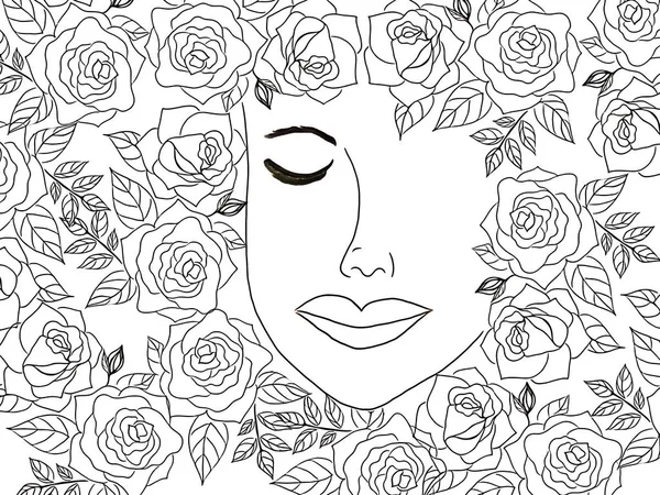 Tekening Van Mooie Gezicht Van Vrouw Decoratief Frame Van Rose — Stockfoto