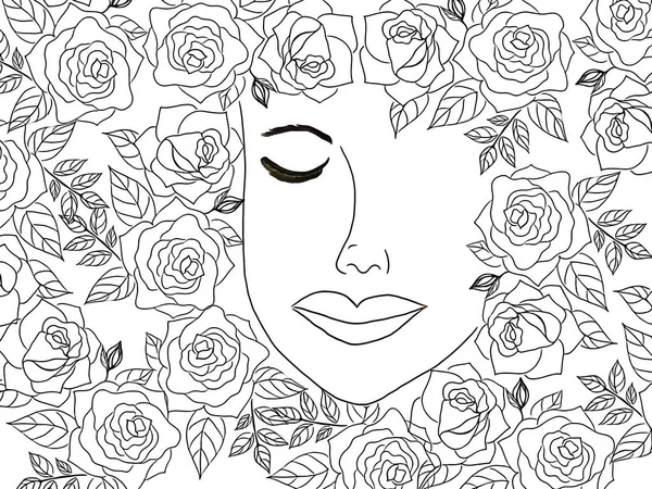 Drawing beautiful face of woman in decorative frame of rose flowers, romantic and Valentine day concept