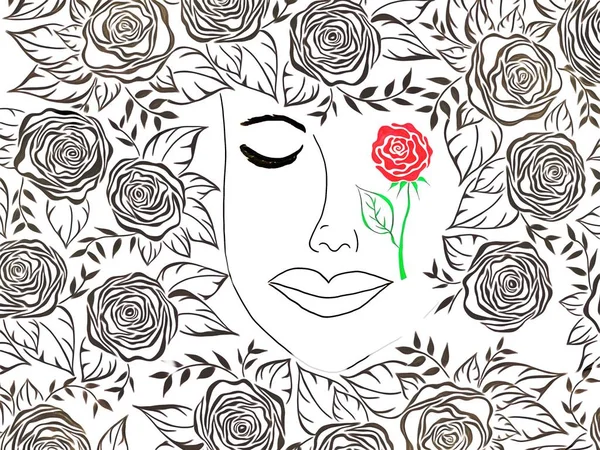 Dibujo Hermoso Rostro Mujer Marco Decorativo Flores Rosas Romántico San — Foto de Stock