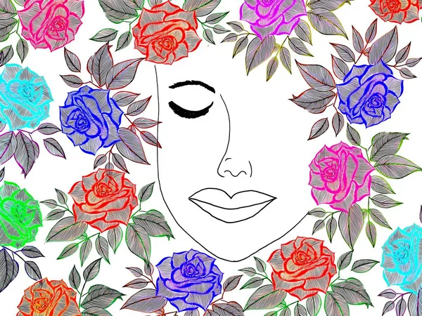 Dibujo Hermoso Rostro Mujer Marco Decorativo Flores Rosas Romántico San — Foto de Stock