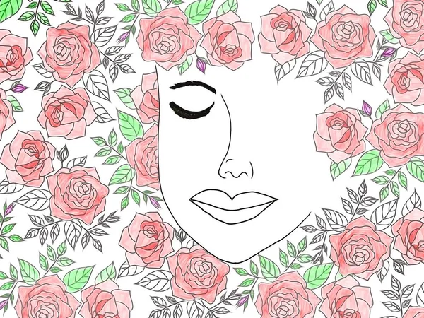 Dibujo Hermoso Rostro Mujer Marco Decorativo Flores Rosas Romántico San — Foto de Stock