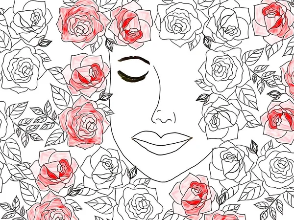 Dibujo Hermoso Rostro Mujer Marco Decorativo Flores Rosas Romántico San — Foto de Stock