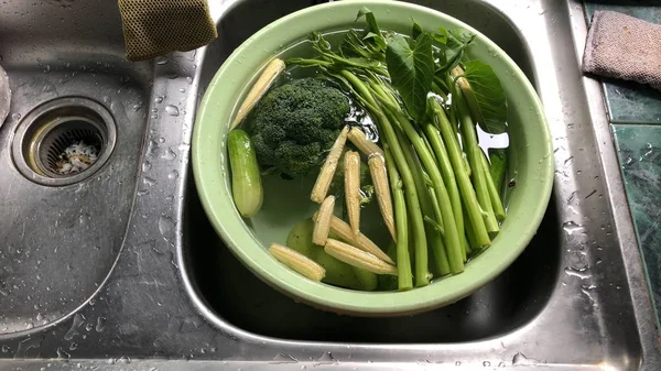 Concept Preparation Healthy Food Baby Corn Morning Glory Broccoli Cucumber — Stock Photo, Image