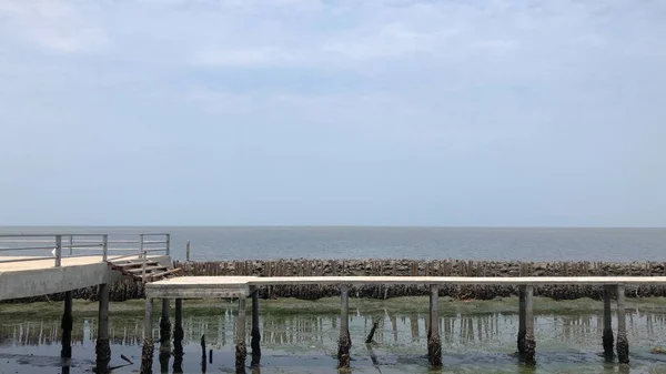 Schilderachtig Uitzicht Antierosie Beschermende Bamboe Muur Zee Zonnige Dag — Stockfoto