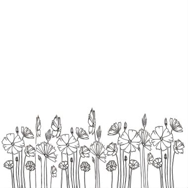 Çiçekler illüstrasyon kavramı. Beyaz arka plan üzerinde güzel çiçek buket çizim, kalem hattı ve fırça darbesi ile dekoratif serisi, kumaş için çiçek desen için kullanılan, duvar kağıdı, kağıt, vb.