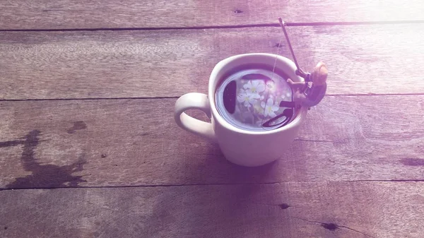 Relaxation Coffee Time Black Coffee White Mug Miniature Fisherman Sitting — Stock Photo, Image