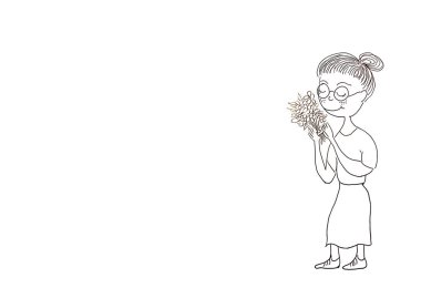 Kadın çizgi film karakteri, süs çerçevesinde güllerle, çiçeklerle, metnin için yer açarak. Kalem satırlı yaratıcı seriler, kumaş, duvar kâğıdı, kağıt, vs..