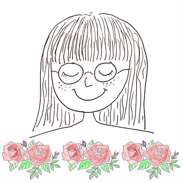 Dibujo Personaje Dibujos Animados Mujer Marco Decorativo Con Flores Rosas —  Fotos de Stock