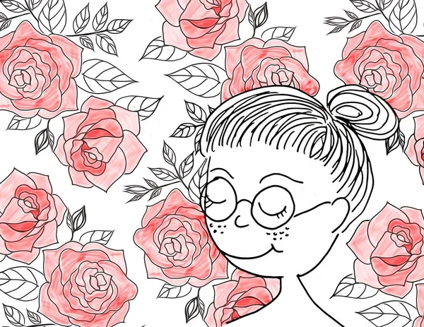 Dibujo Personaje Dibujos Animados Mujer Marco Decorativo Con Flores Rosas —  Fotos de Stock