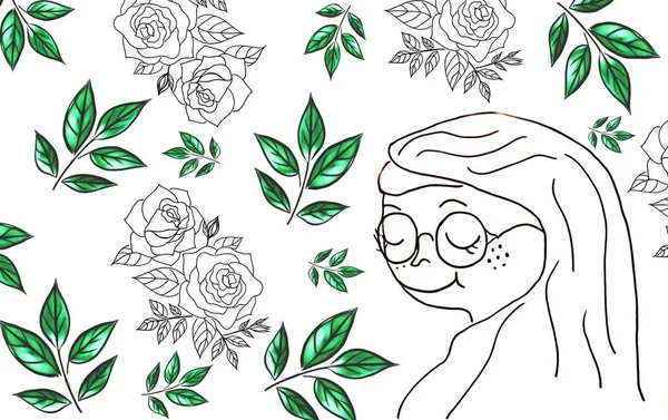 Dibujo Personaje Dibujos Animados Mujer Marco Decorativo Con Flores Rosas —  Fotos de Stock