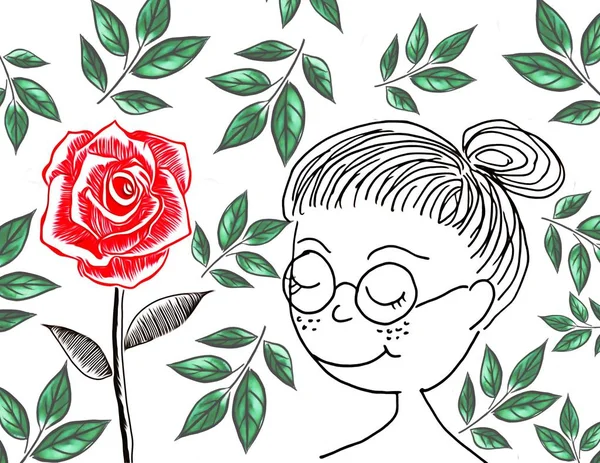 Σχέδιο Χαρακτήρα Κινουμένων Σχεδίων Της Γυναίκας Διακοσμητικό Πλαίσιο Τριαντάφυλλα Λουλούδια — Φωτογραφία Αρχείου